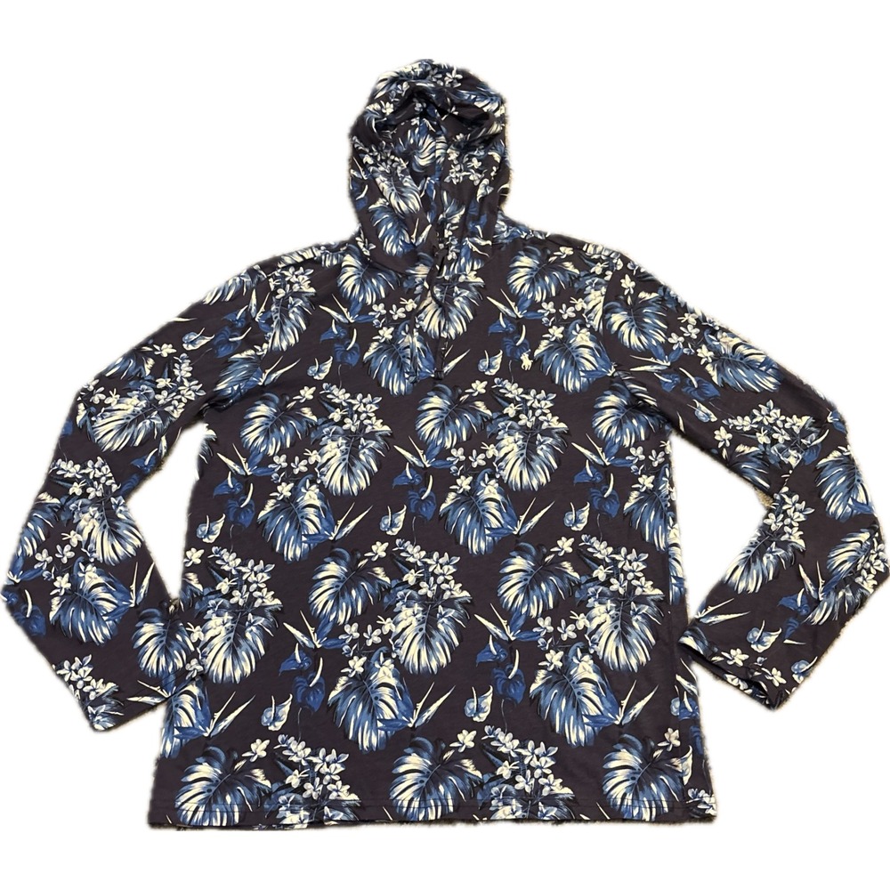 Polo Ralph Lauren Mens Blue Tropical Floral Palm Leaf Cotton Pullover Hoodie M